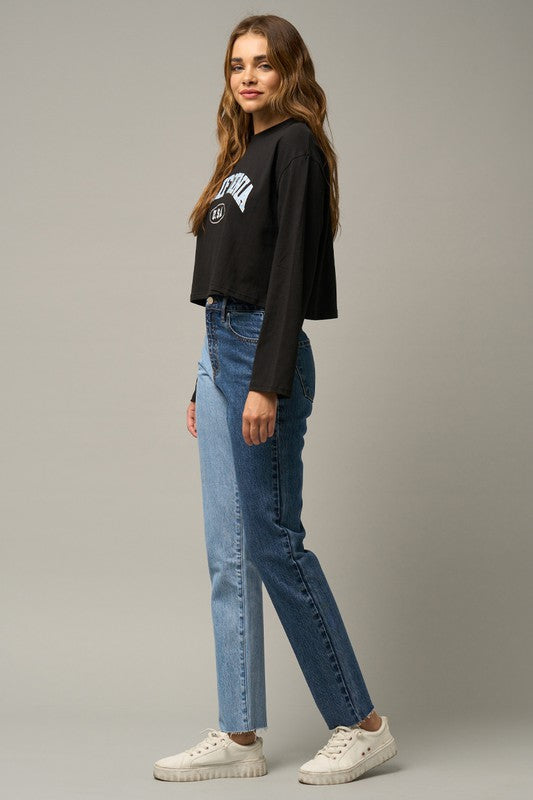 HIGH RISE TOW TONE STRAIGHT JEANS